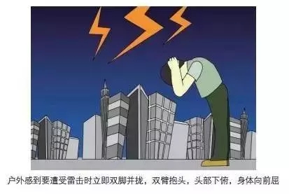 戶外感到要遭受雷擊時(shí)立即雙腳并攏，雙臂抱頭，頭部下俯，身體向前屈